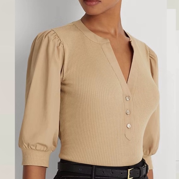 Ralph Lauren Double RL Tops - Ralph Lauren Puff-Sleeve Cotton-Blend Henley Tee